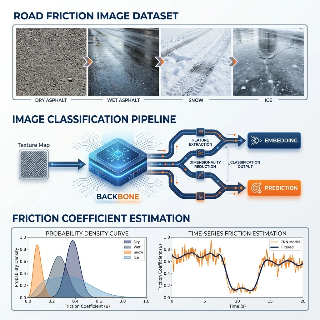 Road friction estimation infographic showing edge vs cloud computing approaches