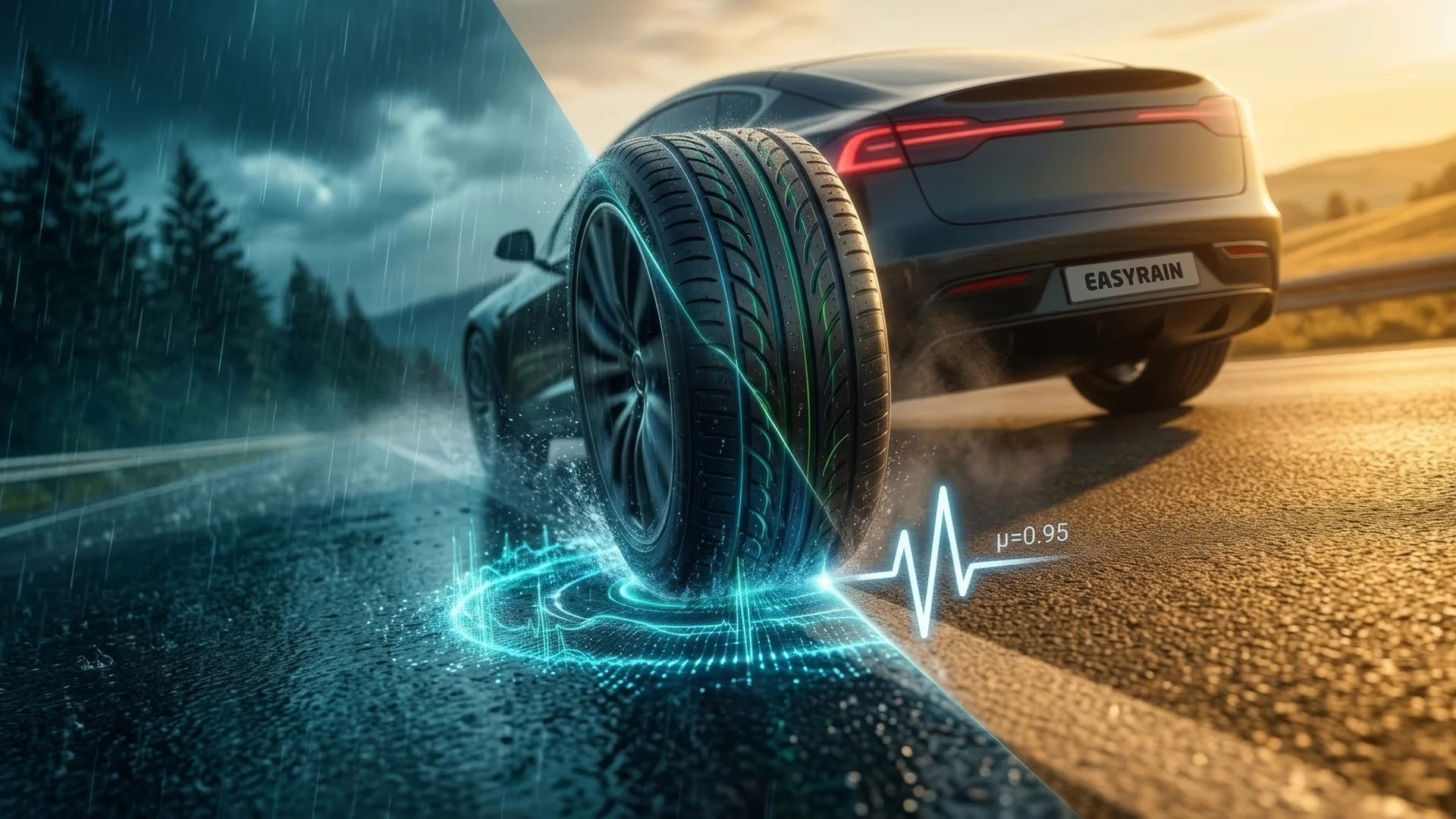 Easyrain DAI: Real-time high-μ friction estimation Easyrain DAI estimating high-mu friction (μ=0.95) for an electric vehicle on varying road conditions