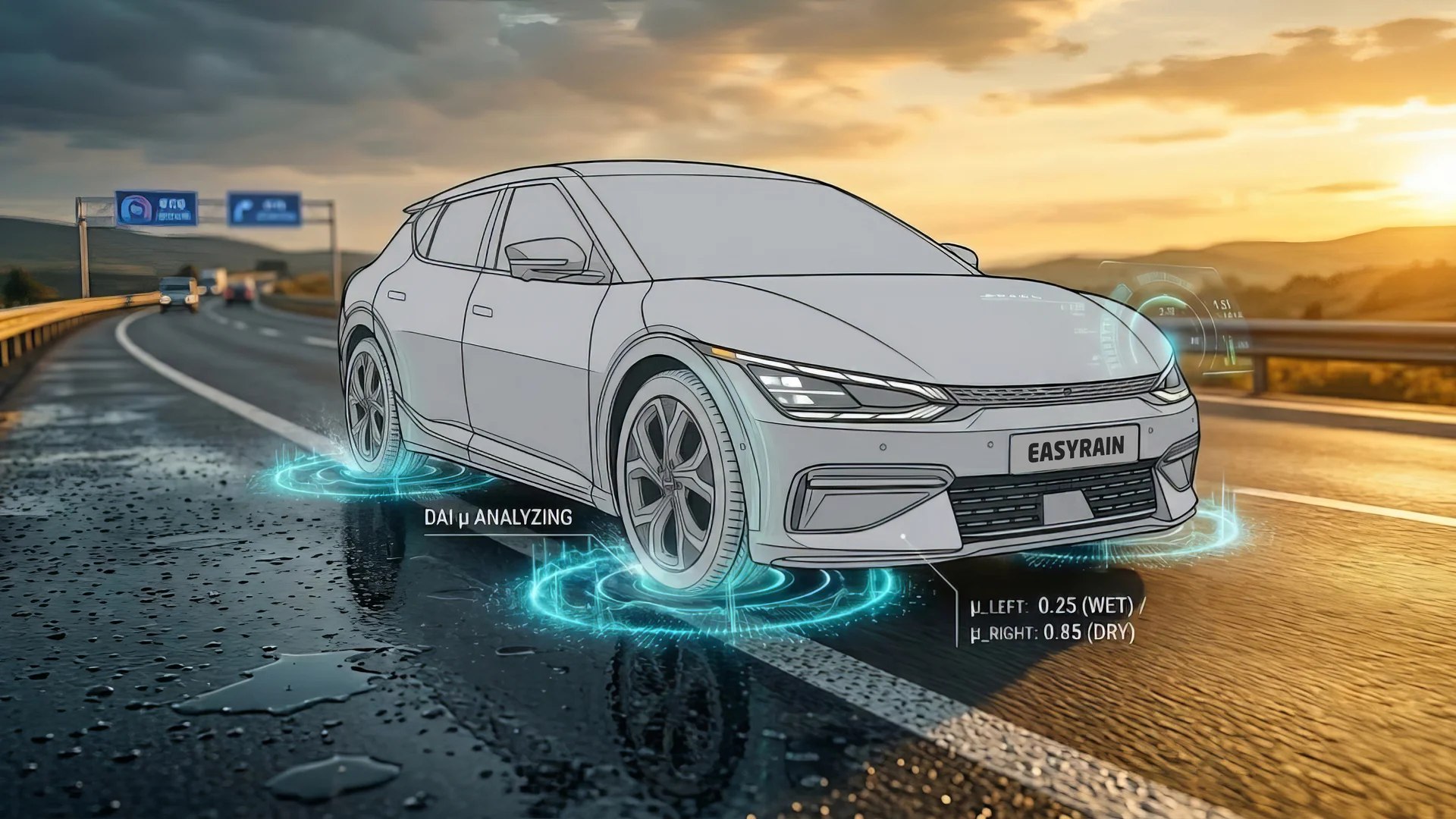 Easyrain DAI: High-precision friction estimation per wheel Infographic showing DAI μ analyzing on a split road surface: μ=0.25 on wet and μ=0.85 on dry asphalt