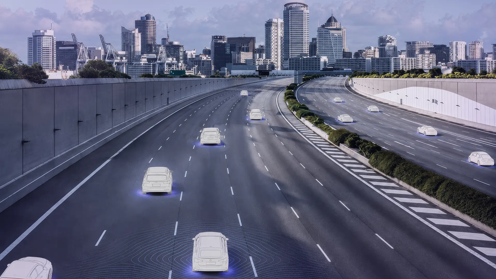 A vehicle on a wet road transmitting V2V grip data to surrounding traffic - illustrating real-time road surface intelligence sharing.