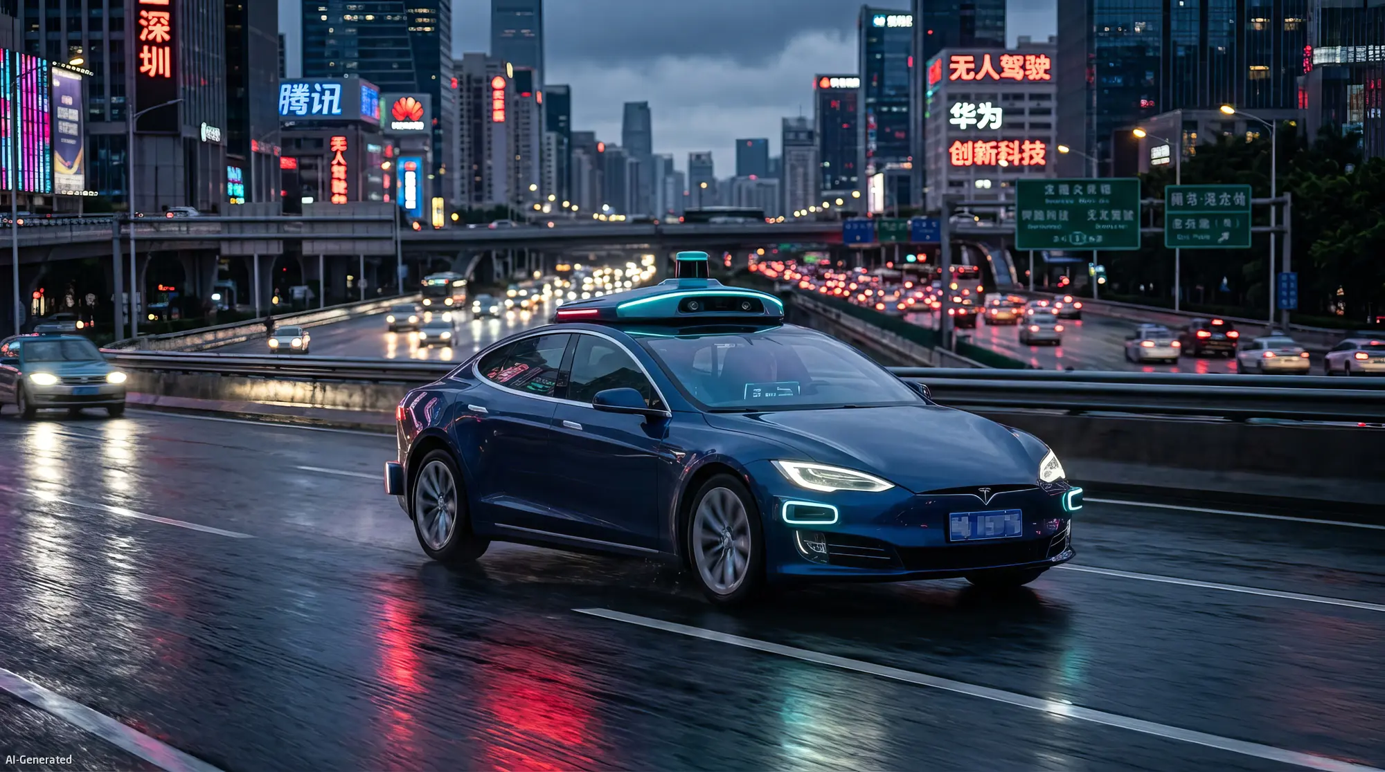 An L4-capable autonomous vehicle navigating a wet highway in Shenzhen, China - the operational environment GB 44721-2026 is designed to regulate.