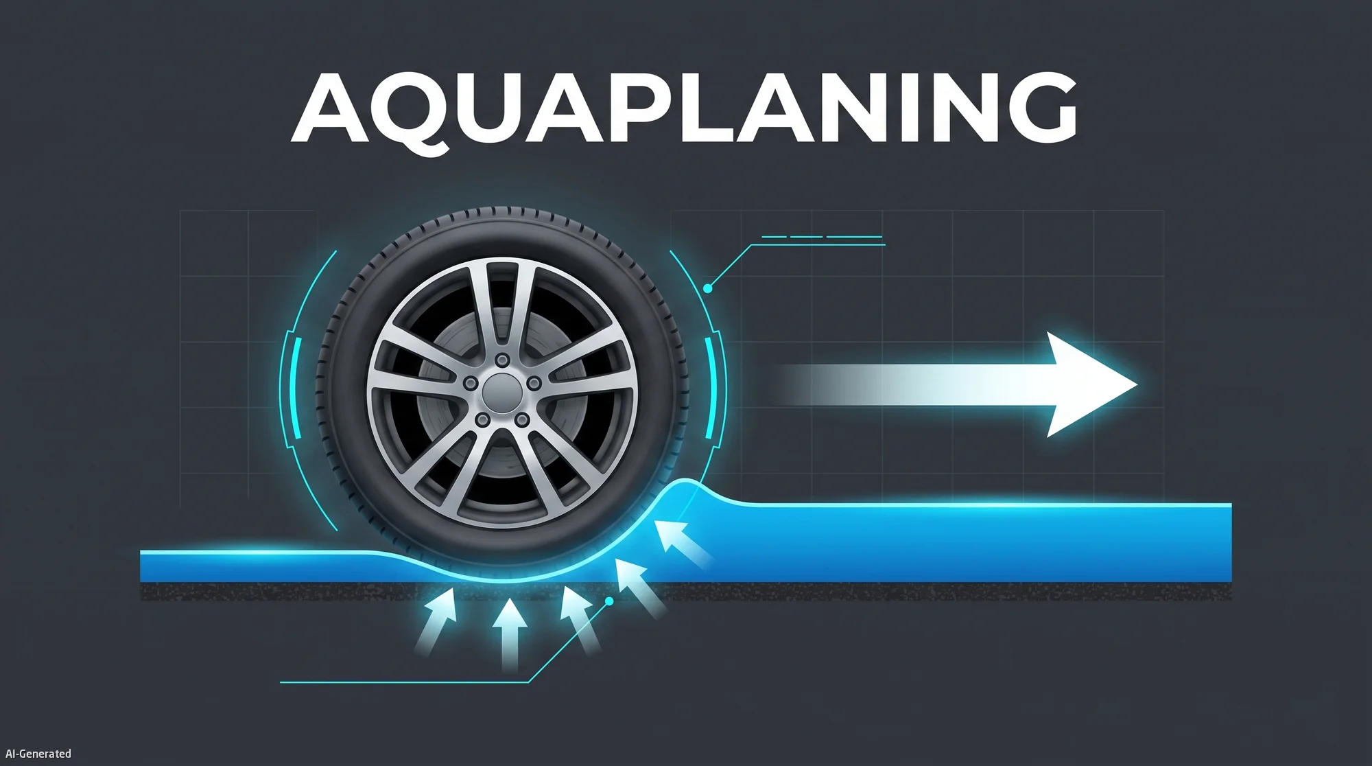 Diagram illustrating the physics of aquaplaning: water film forming between tire tread and wet road surface
