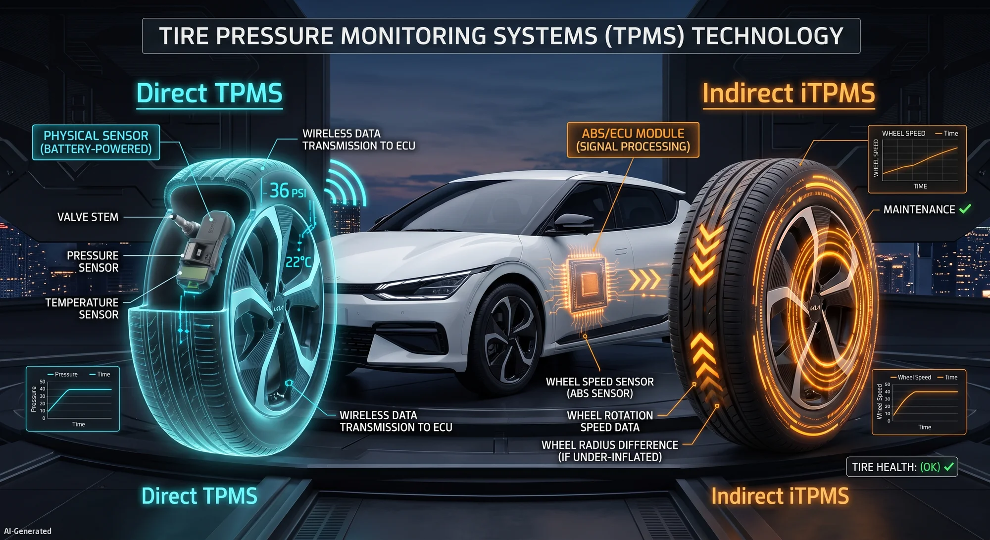 Infographic comparing Direct TPMS and Indirect iTPMS architecture and working principles