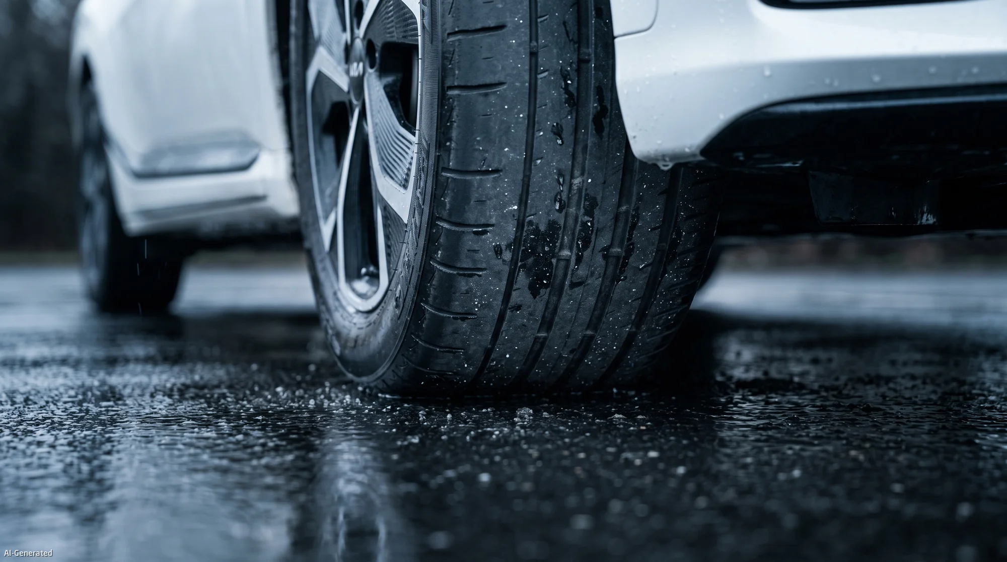 Close-up of a winter tire at dangerously low 2mm tread depth showing collapsed groove void volume