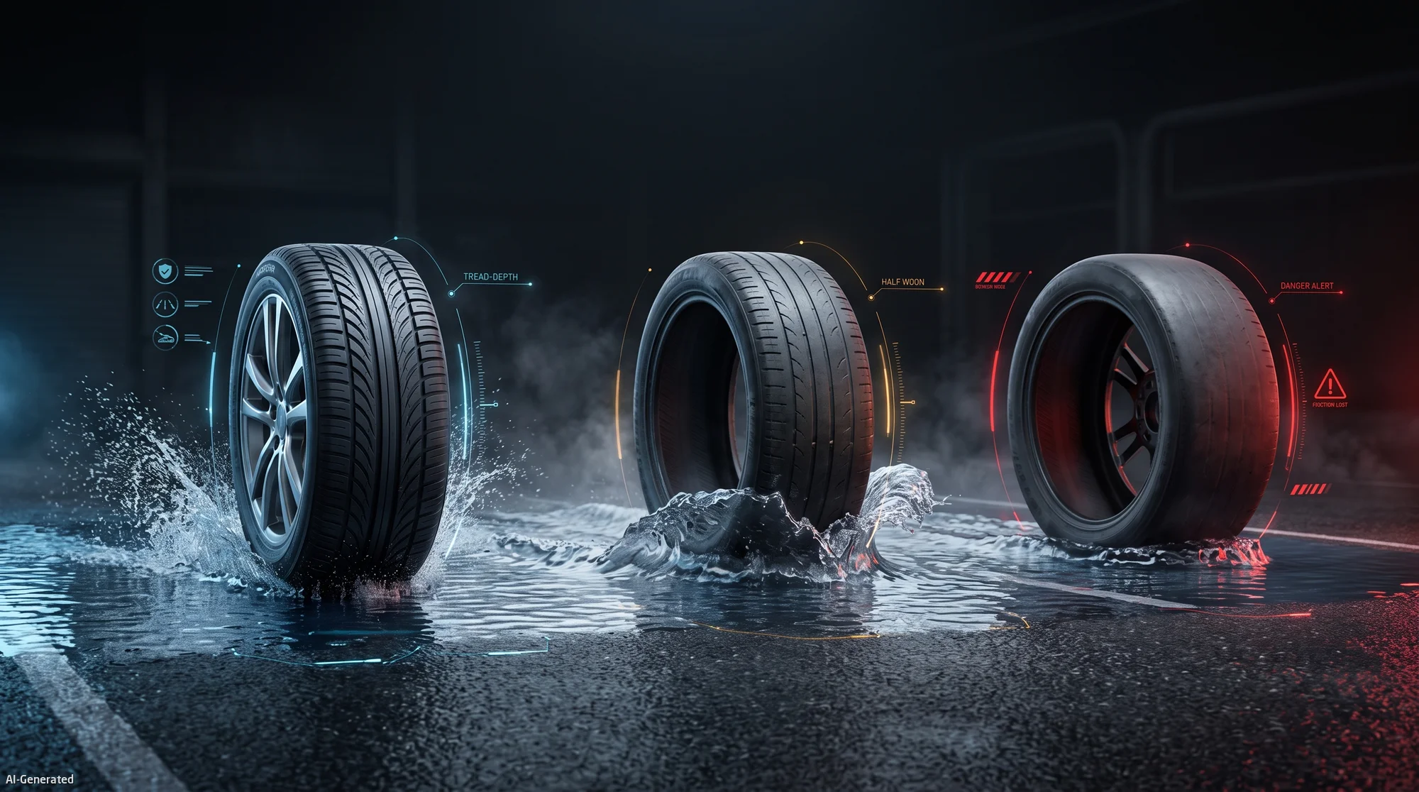 Infographic showing aquaplaning resistance loss at 4mm and 2mm winter tire tread depth compared to new tires