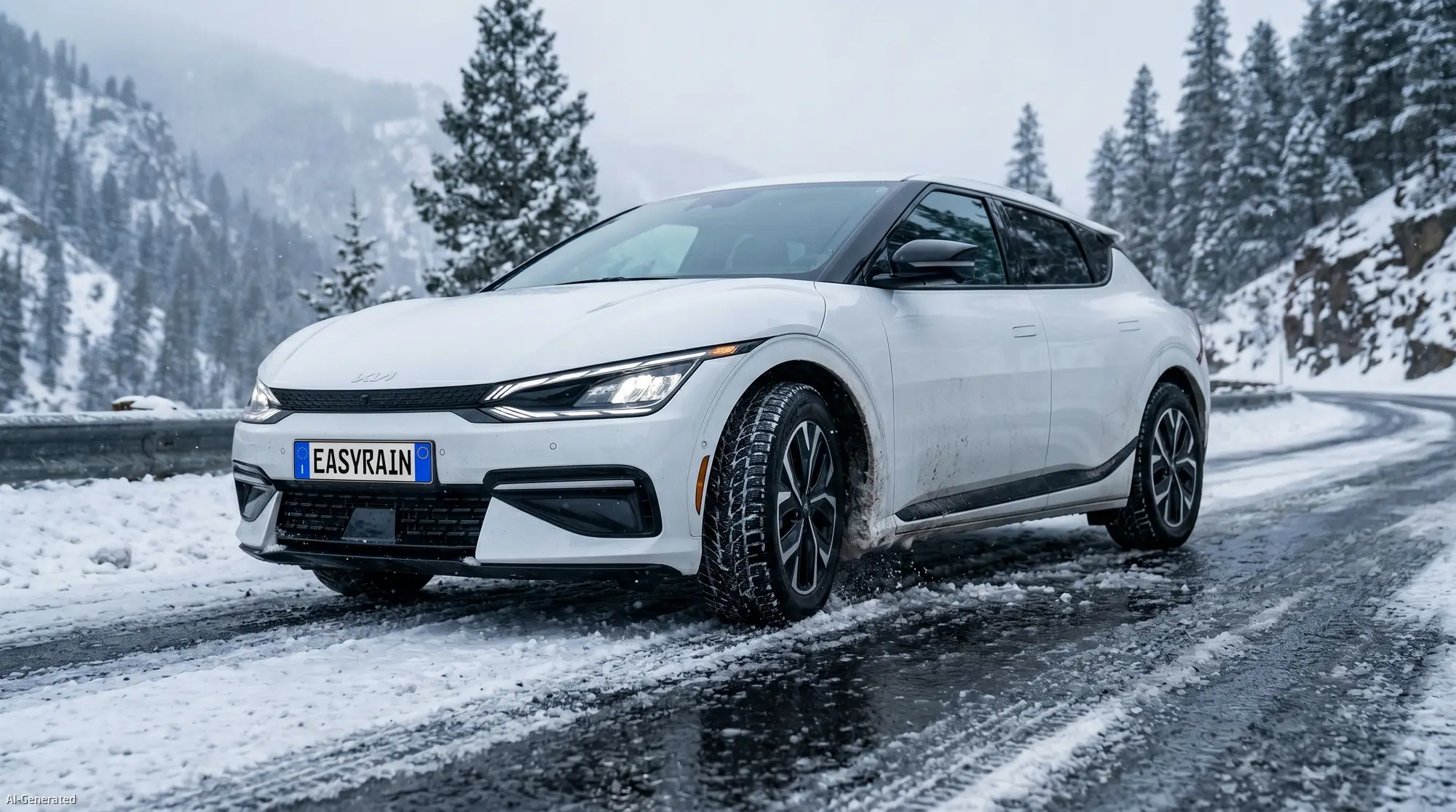 Vehicle driving on snow and ice covered winter road highlighting winter road safety risks