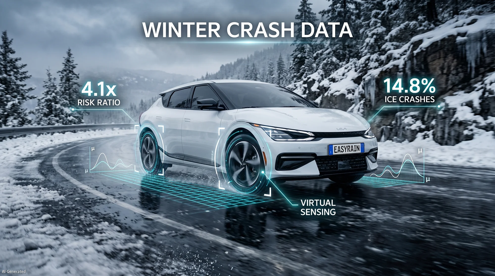 Infographic illustrating winter crash data and accident risk ratios on snow and ice